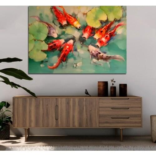 Koi Fish Feng Shui Carp Lotus Pond Pictures Canvas Painting Fish Posters and Prints Cuadros Wall Pictures For Living Room Decor