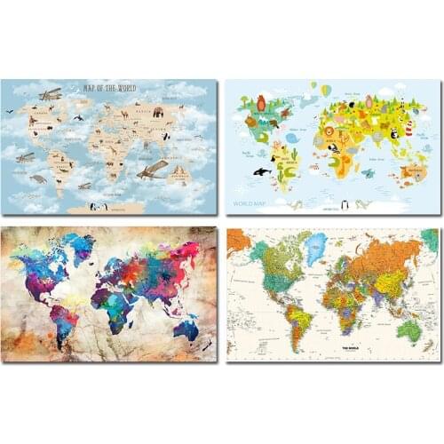 World Map Woodland Animal Poster Art Print Nursery Decoration Watercolor Canvas Painting Kids Room Wall Art Education Picture
