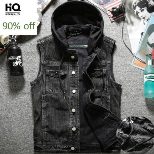 Autumn New Mens Washed Denim Vest Jacket Hoody Single Breasted Cowboy Jeans Waistcoat Slim Fit Tank Plus Size Biker Outerwear