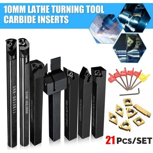 21Pcs Set 10mm Lathe Turning Tool Holder Boring Bar DCMT CCMT Carbide Inserts Wrench T8 for Lathe Turning Tool