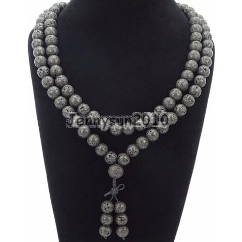Natural Volcanic Lava 10mm Gems Stone Buddhist 108 Bead Prayer Mala Long Necklace Multi-Purpose Bracelet Necklace 5Strands/Pack
