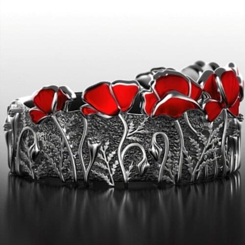 NEW Vintage Handmade Enamel Red Flower Ring For Women Delicate Carved Pattern Plant Ring Retro Statement Rings for Women