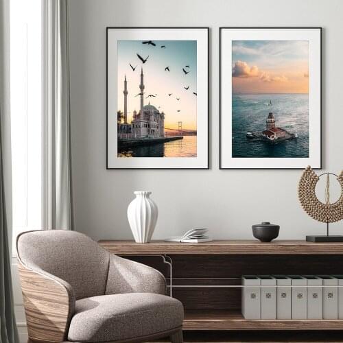 Istanbul Turkey Prints Poster Ortakoy Mosque Sunrise Art Canvas Painting Maidens Tower Photo Bedroom Wall Decoration Pictures