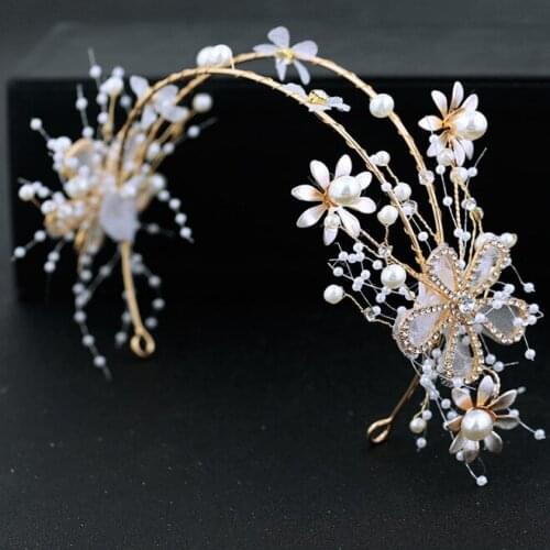 Gold Flower Tiara Headbands Pearl Crystal Bridal Hair Accessories For Women Wedding Hairbands Handmade Headpiece Hair Ornaments