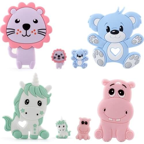 Silicone Mini Animal Beads Baby Toys Teethers Rattle BPA Free Silicone Bear Hippo Unicorn Lion 2pcs/Set Cartoon Teether Tiny Rod