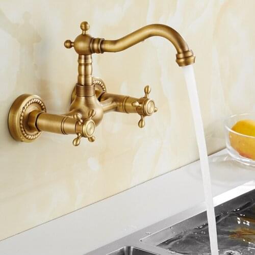 HOTBEST Classical Brass Kitchen Faucet Wall Mounted Dual Handle Holes Cold and Hot Water Taps Rotatable Kitchen Mixer Tap