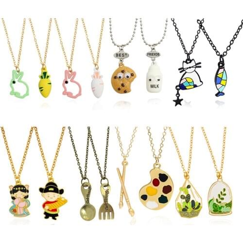 Fun good friend Pendant Necklace Rabbit carrot Cookie milk Cat fish spoon fork Brush palette succulent Boys girls Fashion gift