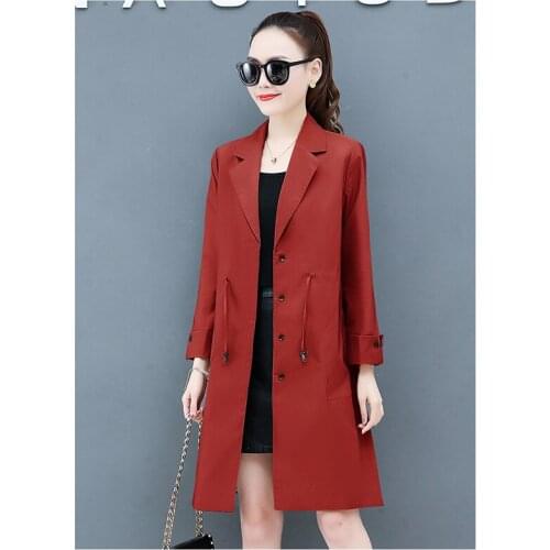 Plus size windbreaker women long section version loose waist tie fashion suit collar single-breasted solid trench coat D338