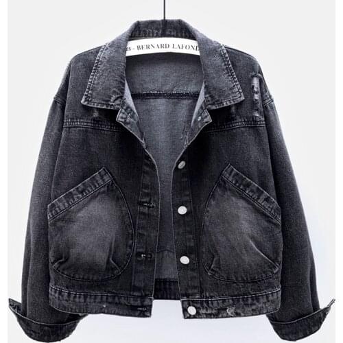 Vintage Short Denim Coat Women Plus Size 2021 Spring Autumn New Korean Long Sleeve Big Pocket Hole Jeans Jacket Female Tide G654