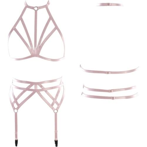 Pink Body Harness Bondage Belt Elastic Cage Bra Pole Dance Rave Adjustable Wedding Leg Garter Belt Sexy Lingerie Harness Set
