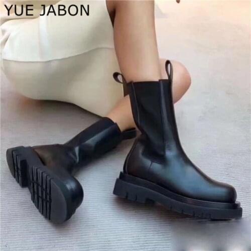 Punk Women Chelsea Boots Slip on Platform Shoes Thick Bottom Chunky Shoes Casual Motorcycle Booties Genuine Leather Ankle Boots