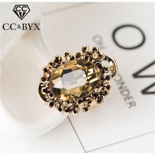 CC Punk Vintage Rings For Women Ethnic Style Adjustable Big Champagne Gold Oval Stone Hyperbole Ring Party Drop Shipping CC731
