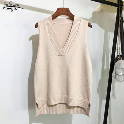 New Chic V-neck Knitted Vest Womens Sweater Vest Sleeveless Sweater Autumn and Winter 2021 New Korean Loose Wild Sweater 11810