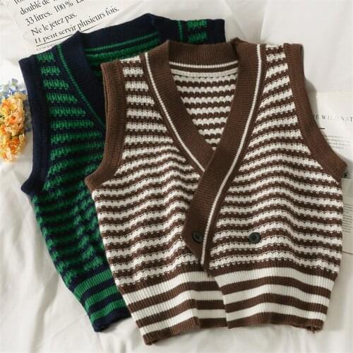 Autumn Winter Korean Style Ins Striped Sweater Vest Women Casual Loose Knitted Vests Female Street Fashion Cardigan Jumper
