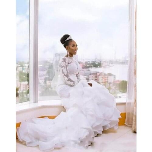 Vintage Long Sleeves Mermaid Wedding Dresses Sweep Train Organza Ruffle African Womens Vestdos de novia