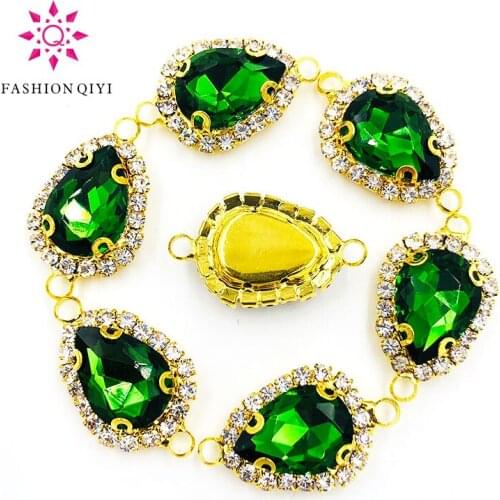 Gold bottom teardrop Double loop Crystal button grass green Glass Crystal sew on rhinestones diy/Clothing accessories