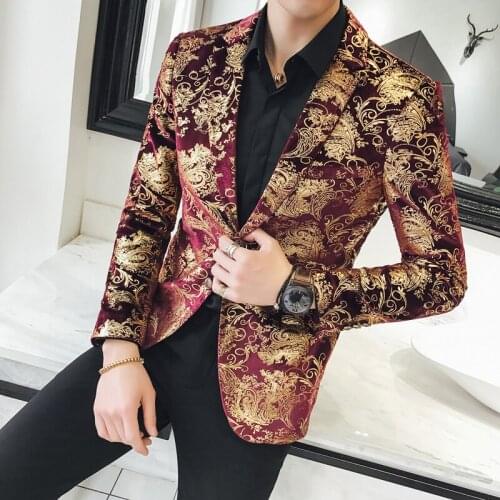 2021 spring Autumn Europen style unique gold pattern Bronzing suit men Business casual Slim printed velvet suit for men M-5XL