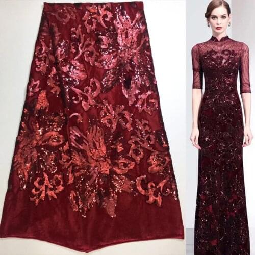 5yards/pc) High quality wine red African velvet lace fabric with full sequins embroidery for party dress FZZ88