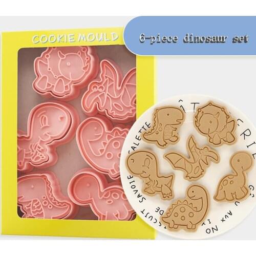 6Pcs/set Dinosaur Shape Cookie Cutters Plastic 3D Cartoon Pressable Biscuit Mold Cookie Stamp Kitchen Baking Pastry Bakeware