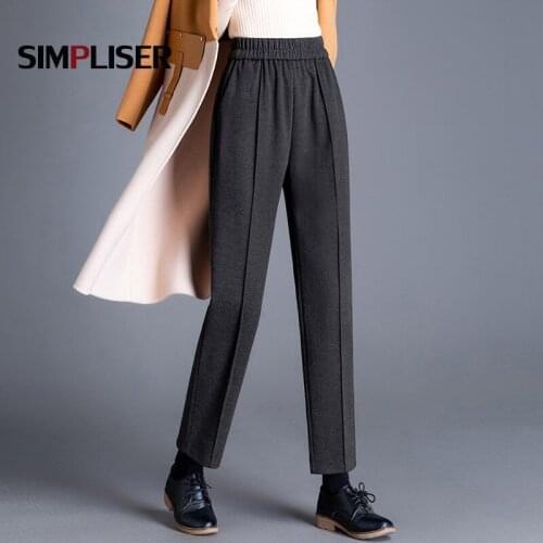 Elastic Waist Women Woolen Trousers Plus Size 4XL Female Straight Pants Black Grey OL Office Work Pants Warm Winter Mom Pants