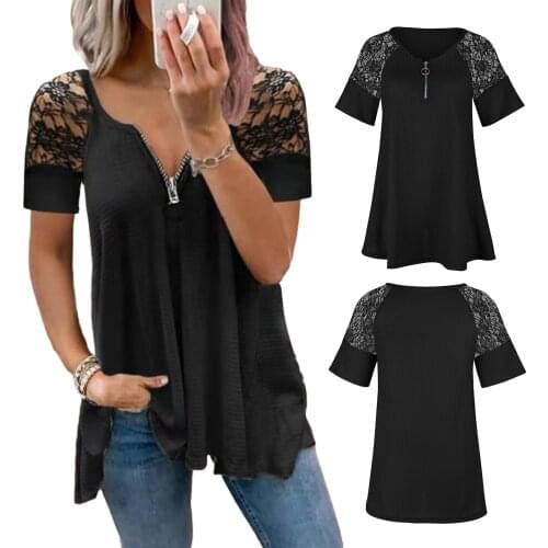 Summer Hot Outfits Women Floral Embroidery T-shirt, 2021 New Irregular Hem Short Lace Sleeve V-neck Pullover for Summer