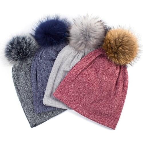 Geebro 2021 New Womens Bonnet Beanies with Fur Pompom SpringCotton Solid Stripe Hats Fashion For Ladies Skullies Beanie Cap