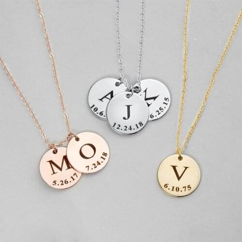 Custom Personalized Disc Initial with Date Necklace Stainless Steel Birthday Jewelry Mom Gift Necklace for Women Girl Friend