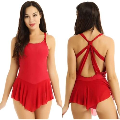 Women Sleeveless Shiny Rhinestones Ballet Dancewear Gymnastics Leotard Figure Skating Dress Stage Performance Dance Costume