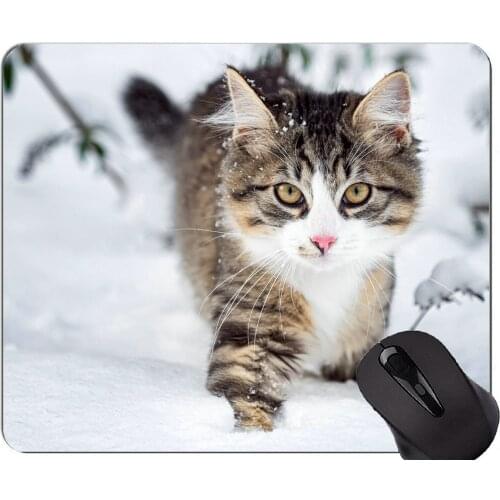 Mouse Pad with Stitched Edge,Fluffy Snow Whiskers Winter Cat Non-Slip Rubber Base Mousepad