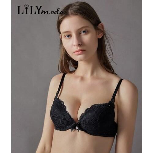 Lilymoda Women Ladies Sexy Bra 3/4 Cup Push Up Floral Lace Embroidery Rhinestone Decoration Female Lingerie Brassiere Underwear