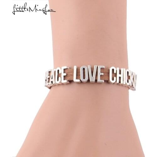 Little MingLou PEACE LOVE CHICKENS Bracelet letters Charm brown suede rope wrap men bracelets & bangles for Women jewelry