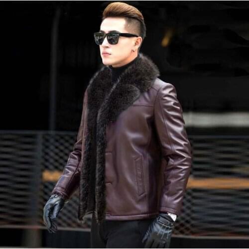 Raccoon fur collar Men Leather Coat 2019 Winter New Mens Sheepskin Fur one Genuine Leather Jacket Male Warmer leather jackets