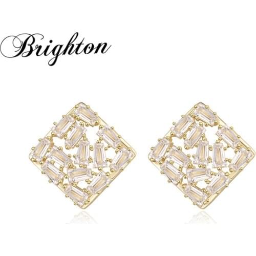 Brighton Unusual Bijou Crystal Stud Earrings Wedding Luxury Zircon Square Alloy Brincos For Female Charm New Trendy Jewelry Gift