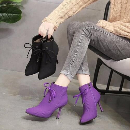 2021 New Pointed Toe Mid-tube Elastic Boots Fashionable Sexy High Heels Short Boots Female Stiletto Martin Boots Leather Boots