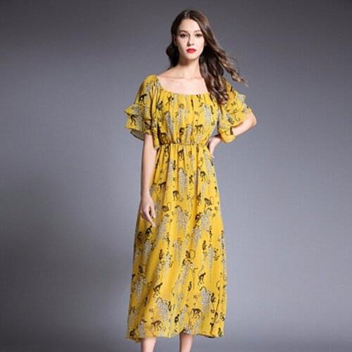 2019 Spring Summer New Folded Sleeves Printed Waist Large Swing Type Boutique Dress Large Size Womens Clothing