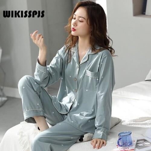WIKISSPJS 2021 Spring Summer New Thin Pure Cotton Long Sleeved Trousers Home Clothes Button Womens Pajama Suit Lounge Wear