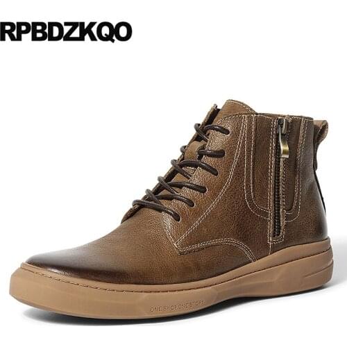 High top zipper faux fur shoes genuine leather lace up autumn full grain short winter men boots with booties comfortable flat