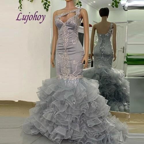 Sexy Grey Long Mermaid Evening Dresses Party Plus Size One Shoulder Women Girl Prom Formal Evening Gowns Dresses