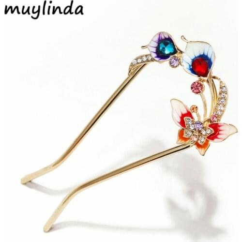 Muylinda Butterfly Enamel Hairpin Crystal U shape Hair Pin Stick Women Banquet Hair Jewelry Accessories