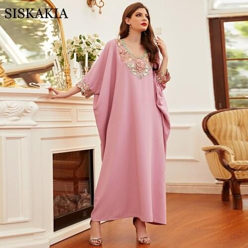 Siskakia Matte Satin Cloak Abaya Dress for Women 3D Embroidered Dubai Turkey Arabic Moroccan Kaftan Oversized Gown Pink 2021 New