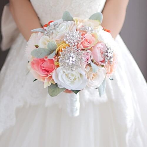 Coral & ivory artificial flower brooch bouquet wedding bouquet de mariage polyester wedding bouquet pearl flower brides bouquet