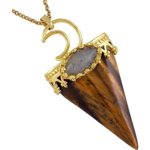 Light Yellow Gold Color Geometric Shape Tiger Eye Stone Pendant Link Chain Necklace Green Aventurine Jewelry