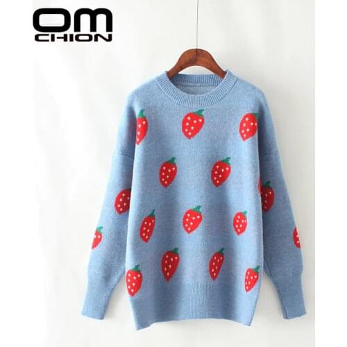 OMCHION Pull Femme 2019 Winter O Neck Long Sleeve Strawberry Knitted Thick Sweater Women Casual Korean Lazy Pullovers LMY123