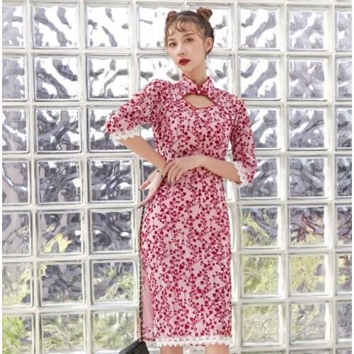 Improved Literary Womens Cheongsam Dress Chinese Style Hollow Stand Collar Stitching Floral Print Girls Daily Dress