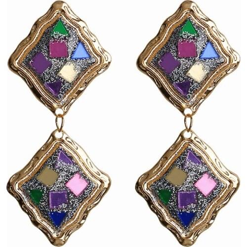 Vintage Gold Europe and America Statement Earring Personality Metal Acrylic Sequins Retro Geometry Long Drop Earrings for Women