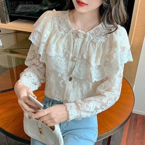 New Sweet Apricot Lace Blouse Women Ruffles Tops Autumn Peter Pan Collar Long Sleeve Button Shirt Elegant Beading Blusas 16992