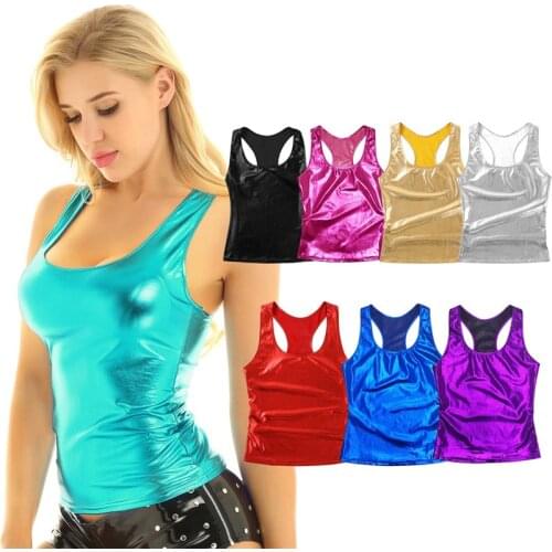 Women Female Shiny Metallic Pole Dancing Tank Tops Sleeveless Deep U Neck Racer Back Femme Casual Camisole Vest Tanks Top Vest