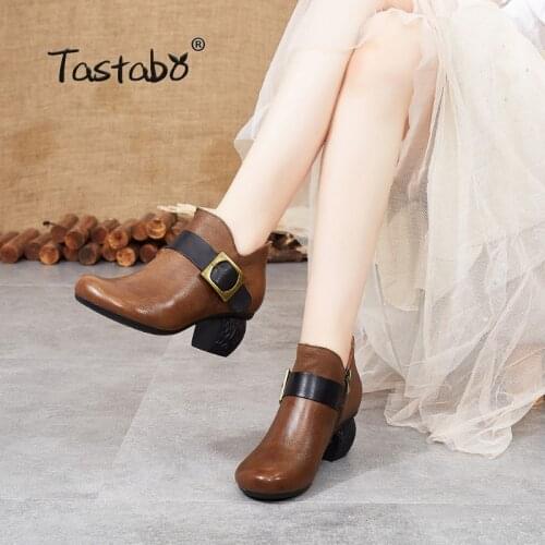 Tastabo manual Genuine Leather high heel womens boots Black brown Vintage texture S3655-5 Comfortable womens shoes Daily shoes