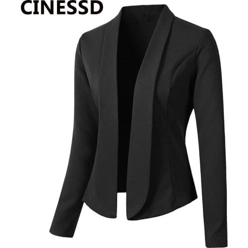 CINESSD Women Blazer Coats Solid Casual Long Sleeve Suits Turn Down Collar Navy Blue Slim Office Lady 2020 Business Suit Jackets