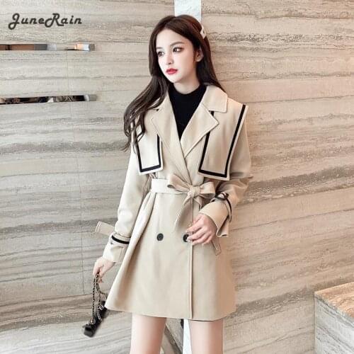 JuneRain Women Sailor Collar Trench Coat 2021 Spring Autumn Korean Belt Waist Windbreaker Outwear Preppy Style Japanese Jackets
